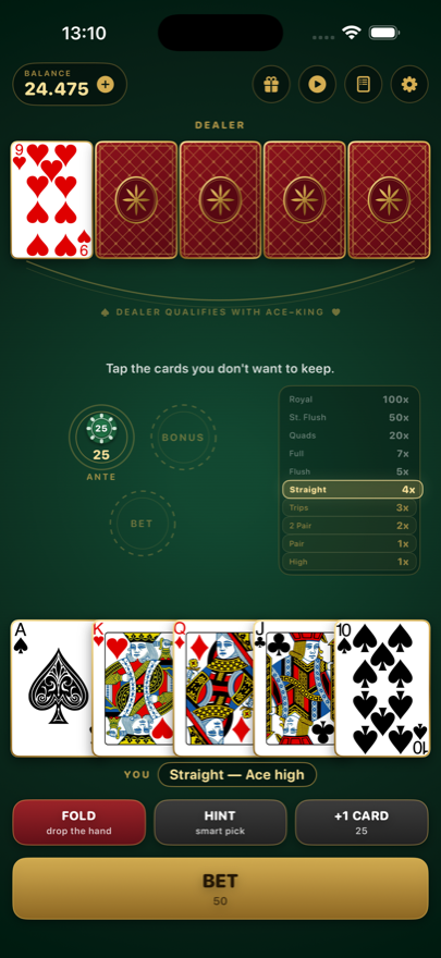 The poker table with a dealt hand, pay ladder and bet controls