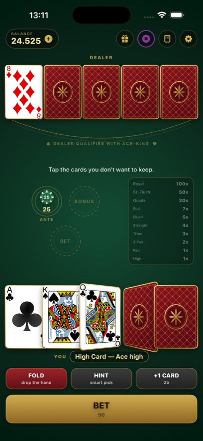 Hand result with the pay ladder highlighting the winning category